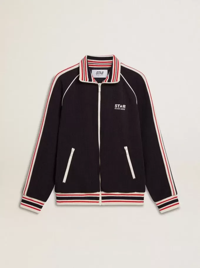 Mörkblå sweatshirt med dragkedja och vit logotyp för herr