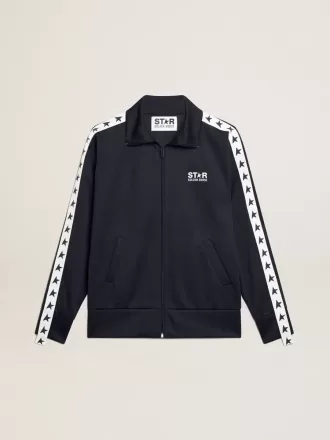Mörkblå sweatshirt med dragkedja, vit rand och kontrasterande stjärnor