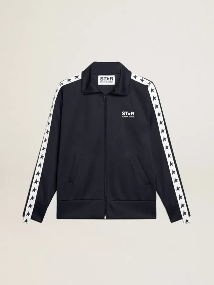 Mörkblå sweatshirt med dragkedja, vit rand och kontrasterande stjärnor