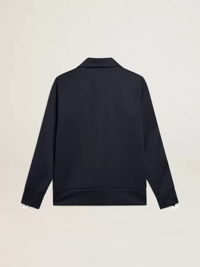 Mörkblå sweatshirt med dragkedja, vit rand och kontrasterande stjärnor