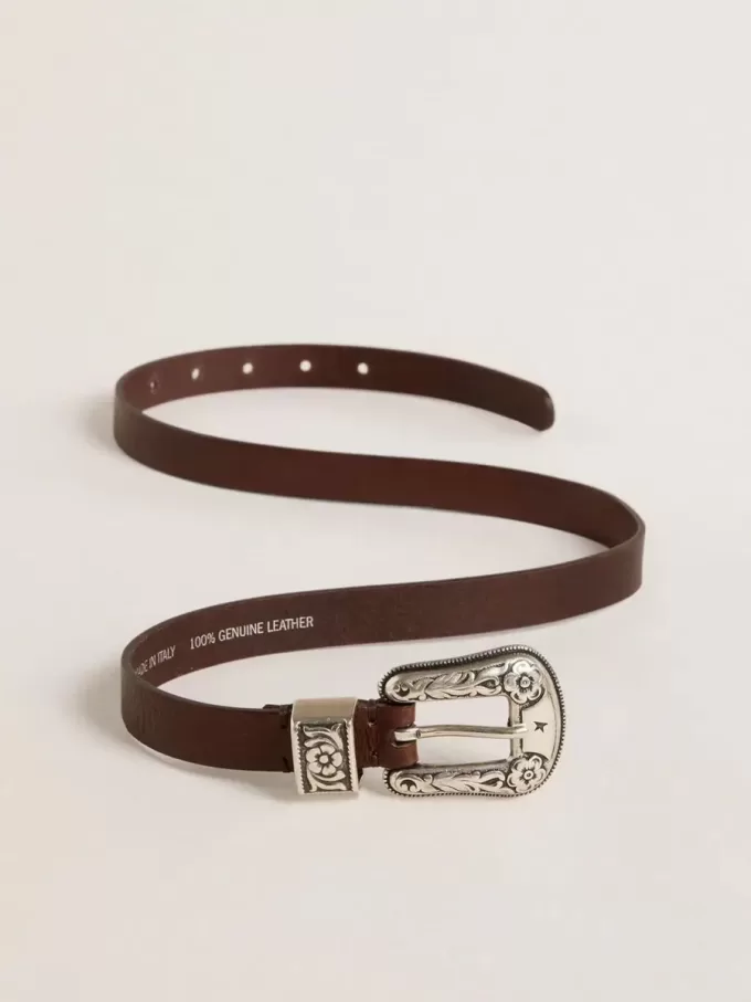 Mörkbrunt läderbälte för damer med dekorerat silverbälte Mörkbrunt läderbälte för damer med dekorerat silverbälte