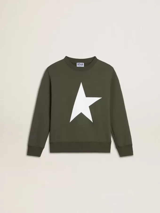 Mörkgrön sweatshirt för pojkar med vit maxistjärna på framsidan Mörkgrön sweatshirt för pojkar med vit maxistjärna på framsidan