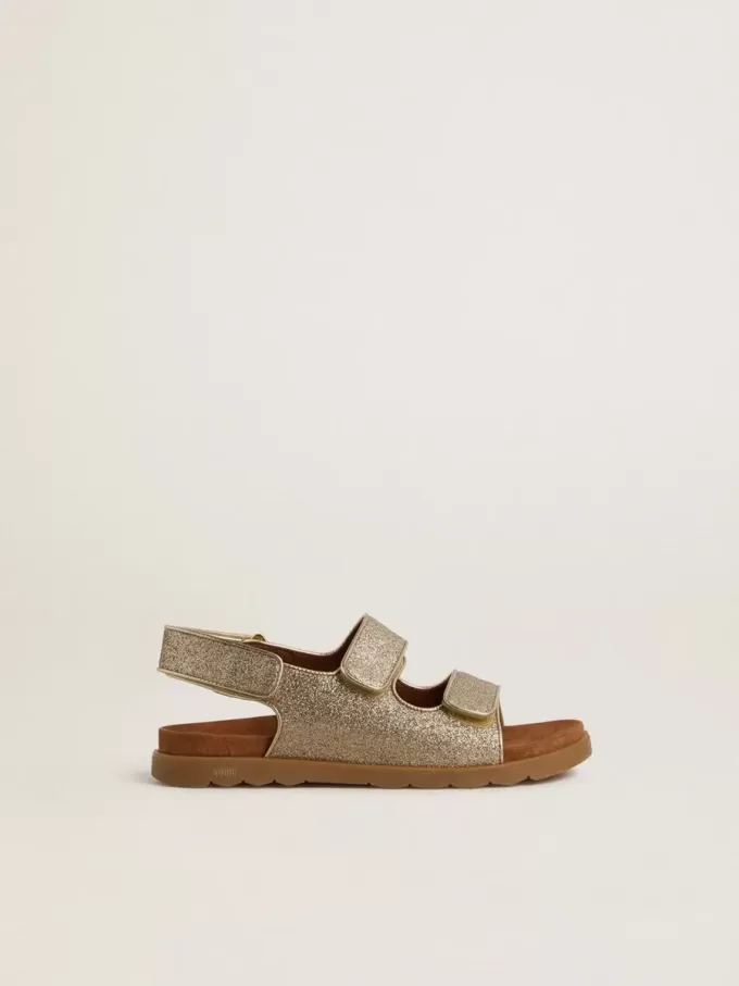 Noa Junior-sandaler i mikroglitter och platinaläder Noa Junior-sandaler i mikroglitter och platinaläder