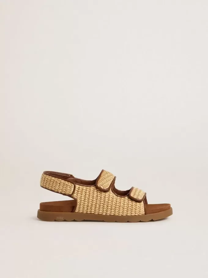 Noa-sandaler för barn i beige raffia och brunt läder Noa-sandaler för barn i beige raffia och brunt läder