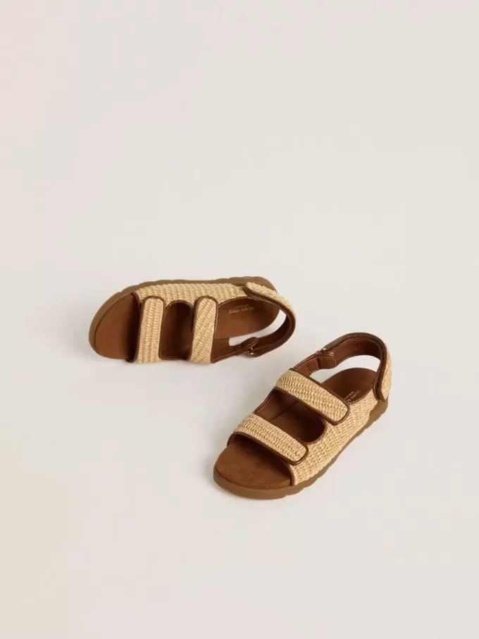 Noa-sandaler för barn i beige raffia och brunt läder Noa-sandaler för barn i beige raffia och brunt läder