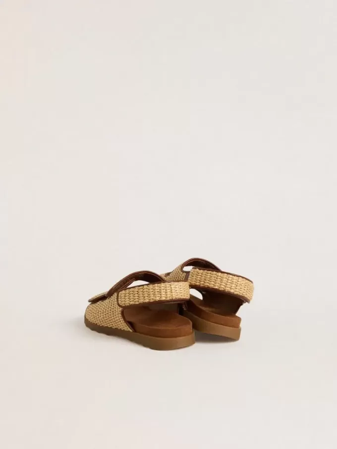 Noa-sandaler för barn i beige raffia och brunt läder Noa-sandaler för barn i beige raffia och brunt läder