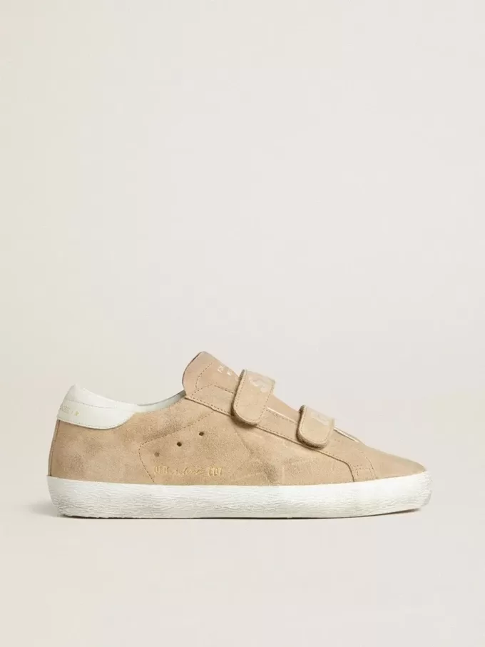 Old School för damer i beige mocka med vit läderflik på hälen