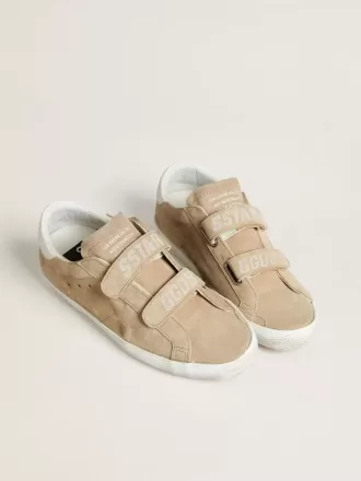 Old School för damer i beige mocka med vit läderflik på hälen