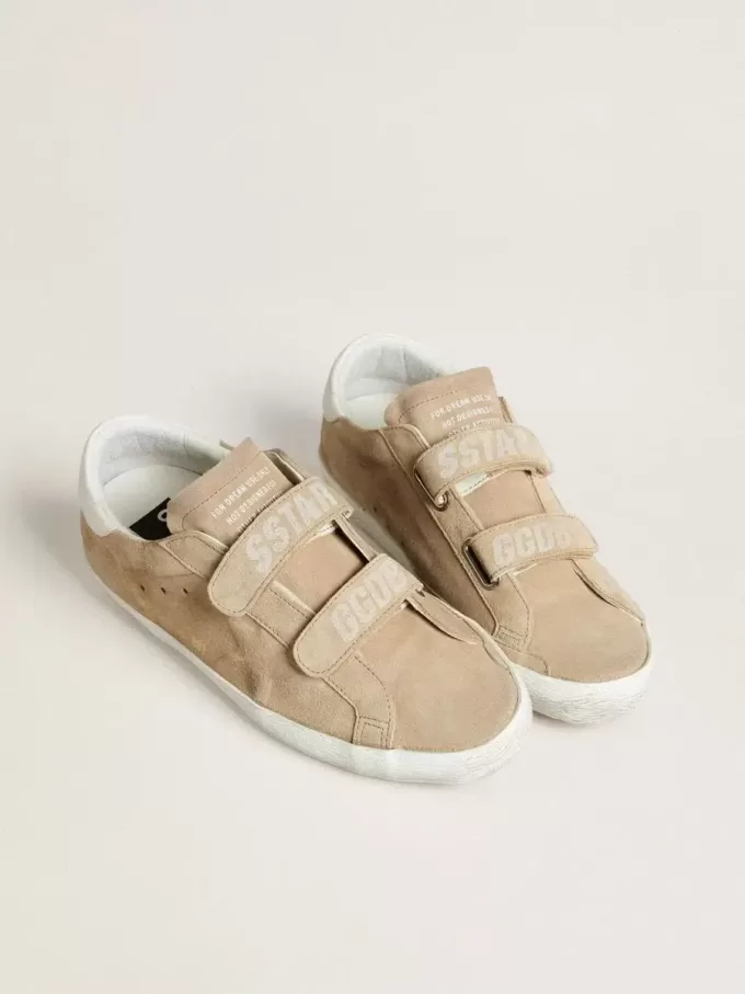Old School för damer i beige mocka med vit läderflik på hälen