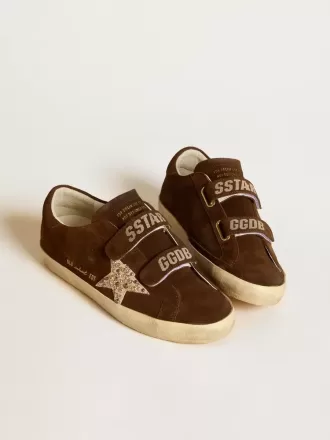 Old School för damer i brunt mocka med beige mocka-stjärna med nitar och pärlor