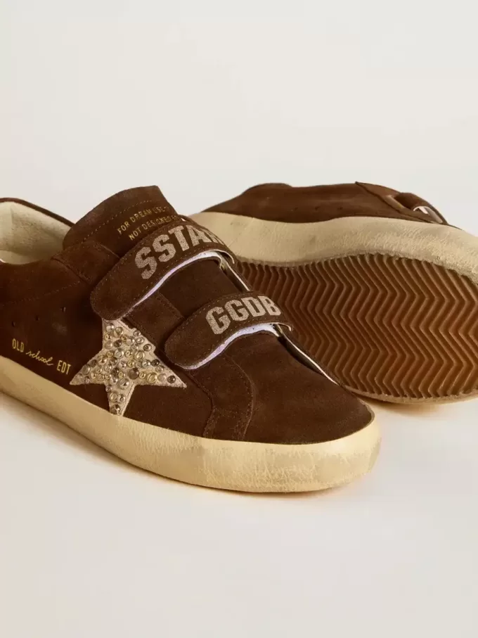 Old School för damer i brunt mocka med beige mocka-stjärna med nitar och pärlor