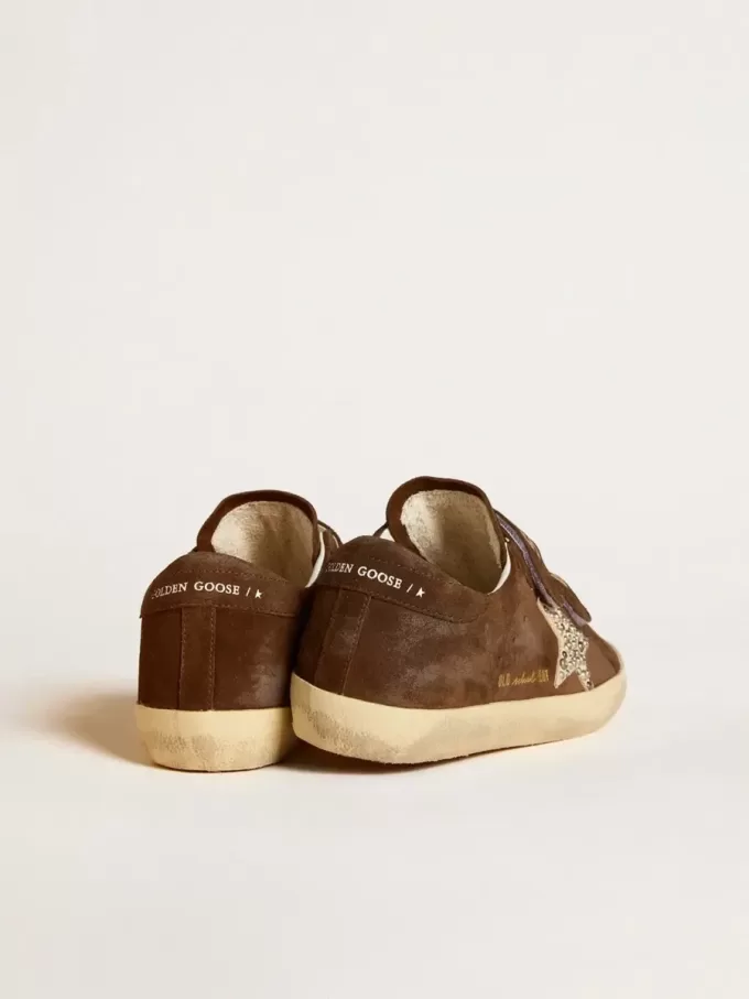 Old School för damer i brunt mocka med beige mocka-stjärna med nitar och pärlor