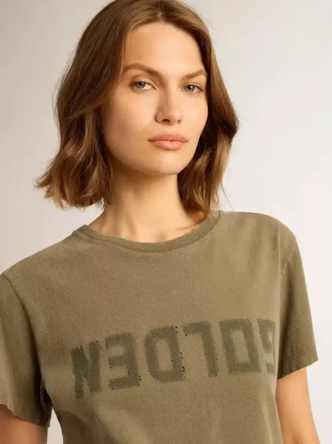 Olivgrön T-shirt för damer med guldfärgad text