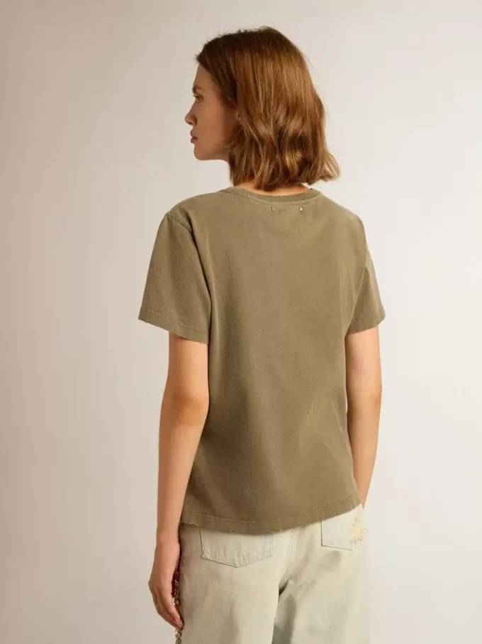 Olivgrön T-shirt för damer med guldfärgad text
