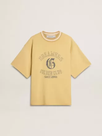 Oversized gul bomullst-shirt för herr med blå tryck