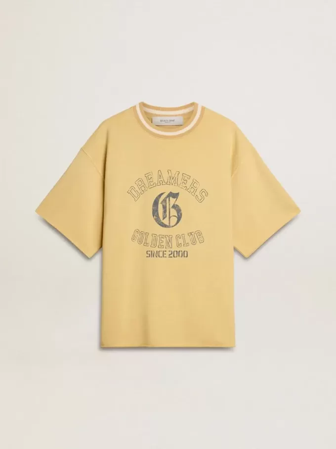 Oversized gul bomullst-shirt för herr med blå tryck