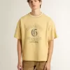 Oversized gul bomullst-shirt för herr med blå tryck
