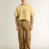 Oversized gul bomullst-shirt för herr med blå tryck