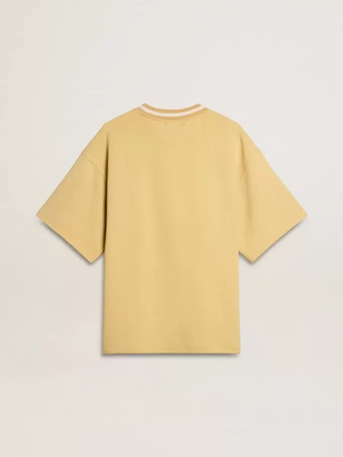 Oversized gul bomullst-shirt för herr med blå tryck