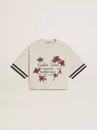 Oversized kort T-shirt för dam i vit jersey med broderi och tryck ”Venezia Mediterraneo”
