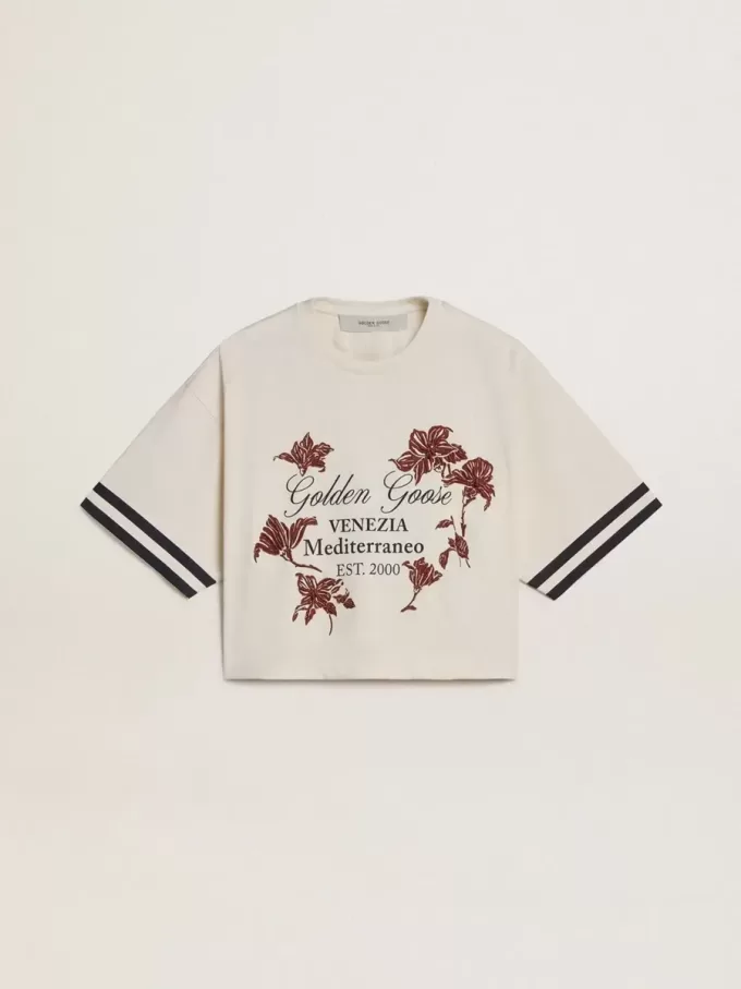 Oversized kort T-shirt för dam i vit jersey med broderi och tryck ”Venezia Mediterraneo”