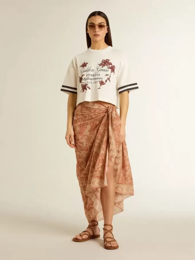 Oversized kort T-shirt för dam i vit jersey med broderi och tryck ”Venezia Mediterraneo”