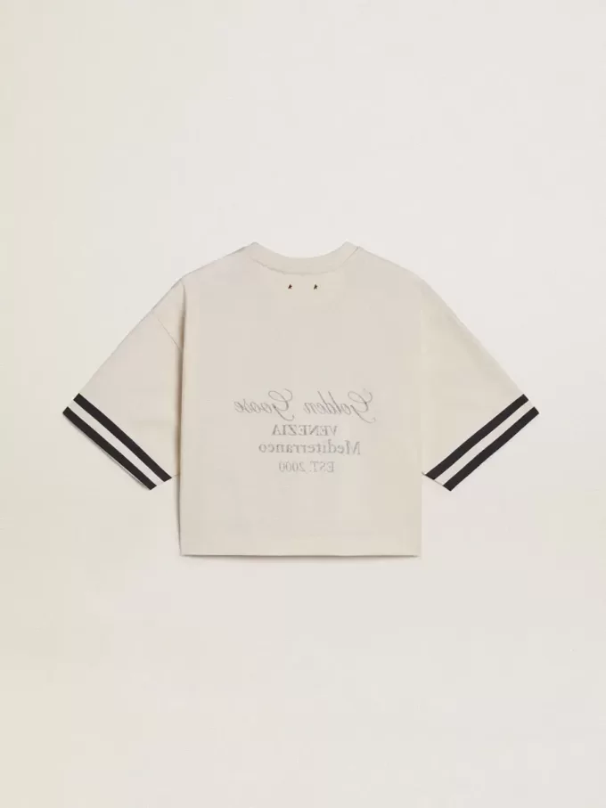 Oversized kort T-shirt för dam i vit jersey med broderi och tryck ”Venezia Mediterraneo”