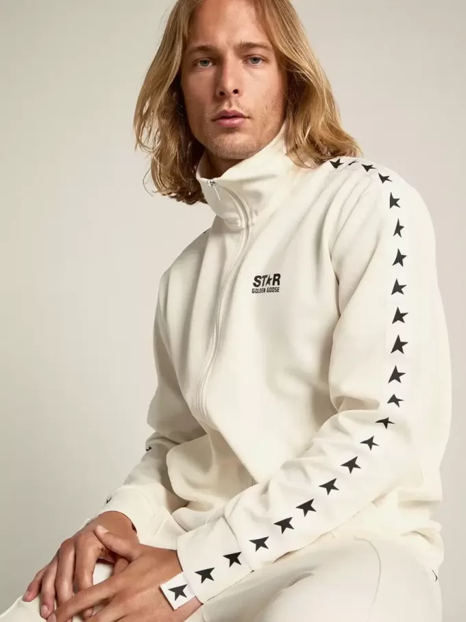 Papyrusvit sweatshirt med dragkedja och svarta stjärnor för herr