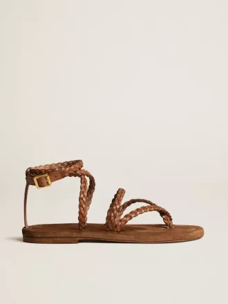 Penelope platta sandaler för damer i tobaksfärgat läder med mockasula