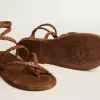 Penelope platta sandaler för damer i tobaksfärgat läder med mockasula
