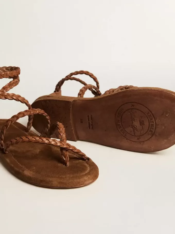 Penelope platta sandaler för damer i tobaksfärgat läder med mockasula