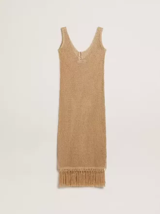 Ärmlös midiklänning för dam i beige virkat med fransar