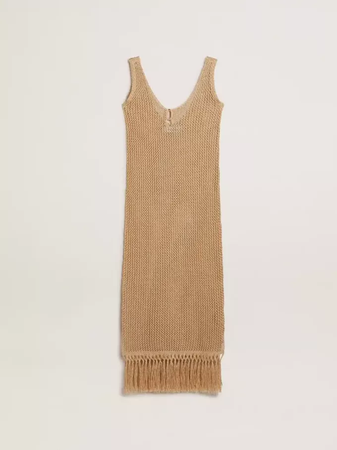 Ärmlös midiklänning för dam i beige virkat med fransar