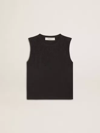 Ärmlös T-shirt i slitet svart med ton-i-ton-broderi i gradient