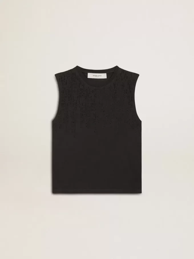 Ärmlös T-shirt i slitet svart med ton-i-ton-broderi i gradient Ärmlös T-shirt i slitet svart med ton-i-ton-broderi i gradient