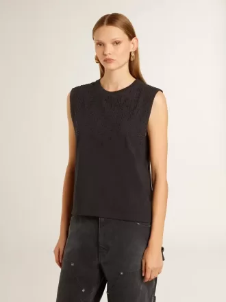 Ärmlös T-shirt i slitet svart med ton-i-ton-broderi i gradient