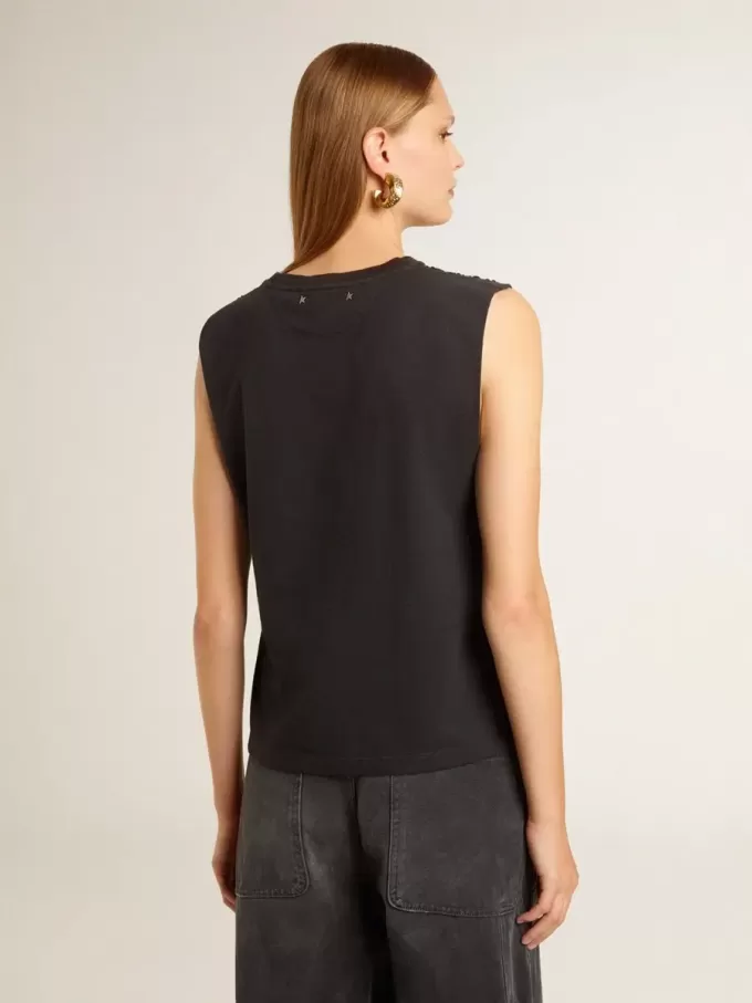 Ärmlös T-shirt i slitet svart med ton-i-ton-broderi i gradient Ärmlös T-shirt i slitet svart med ton-i-ton-broderi i gradient