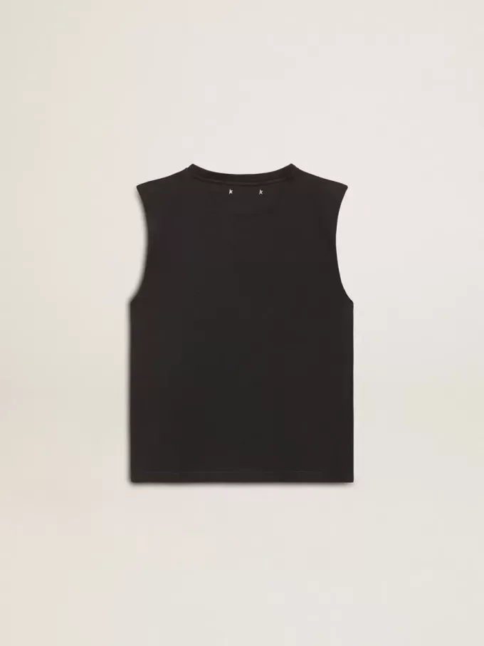 Ärmlös T-shirt i slitet svart med ton-i-ton-broderi i gradient Ärmlös T-shirt i slitet svart med ton-i-ton-broderi i gradient