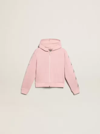 Rosa sweatshirt med huva och silverglittrande stjärnor