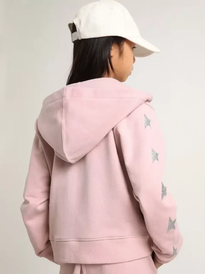 Rosa sweatshirt med huva och silverglittrande stjärnor Rosa sweatshirt med huva och silverglittrande stjärnor
