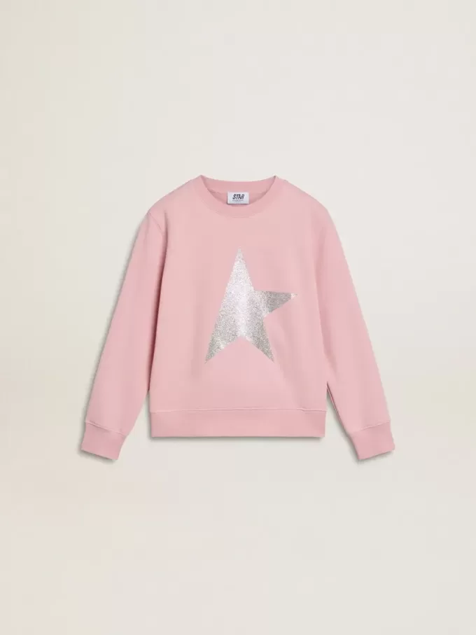 Rosa sweatshirt med maxistjärna i silverglitter på framsidan