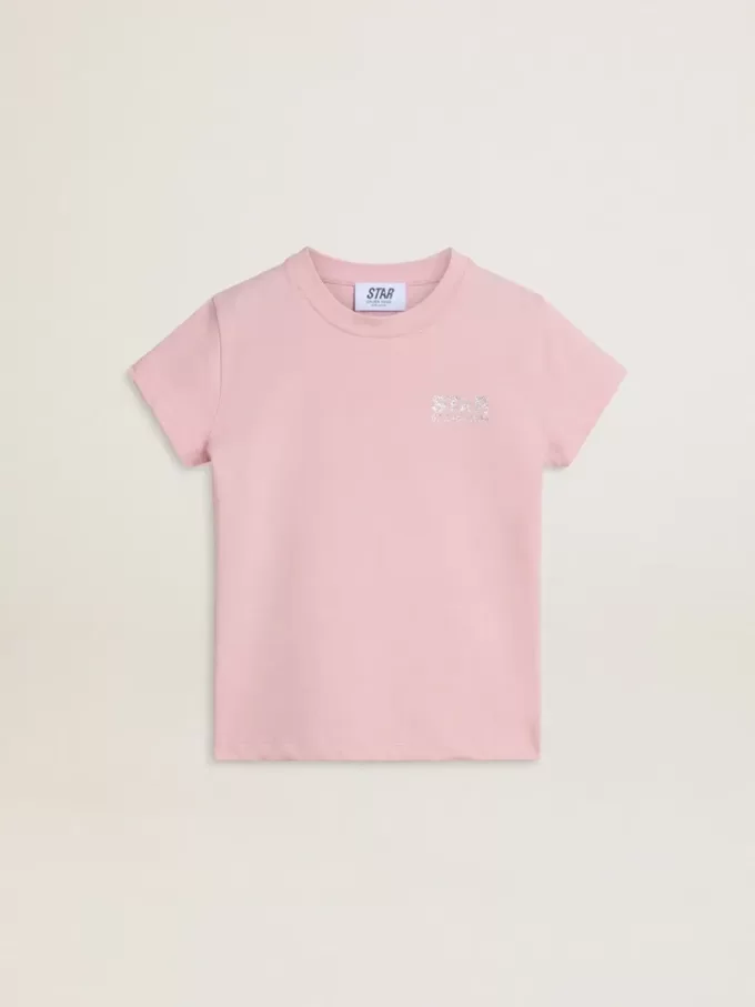 Rosa T-shirt för flickor med silverglitterlogotyp och maxistjärna