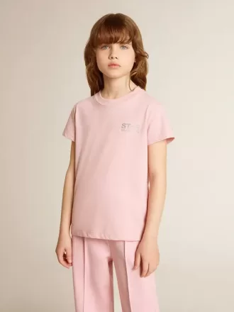 Rosa T-shirt för flickor med silverglitterlogotyp och maxistjärna