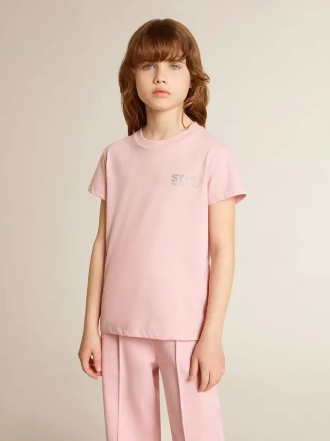 Rosa T-shirt för flickor med silverglitterlogotyp och maxistjärna