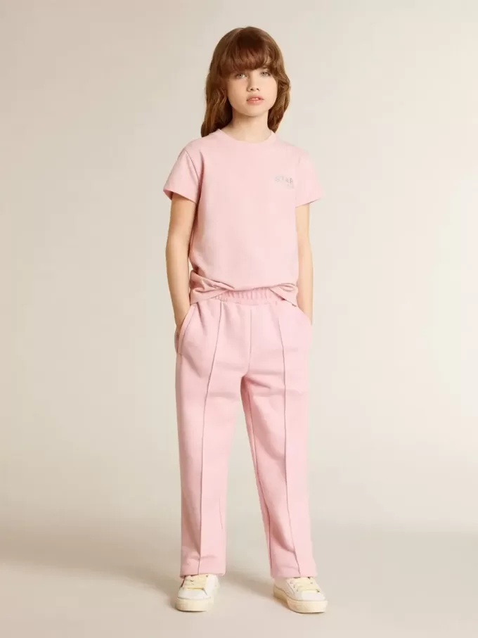 Rosa T-shirt för flickor med silverglitterlogotyp och maxistjärna