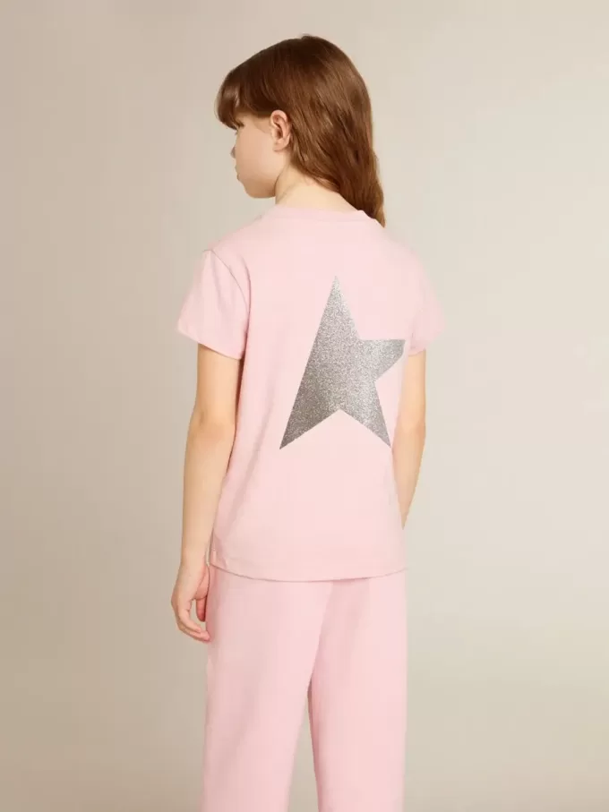 Rosa T-shirt för flickor med silverglitterlogotyp och maxistjärna