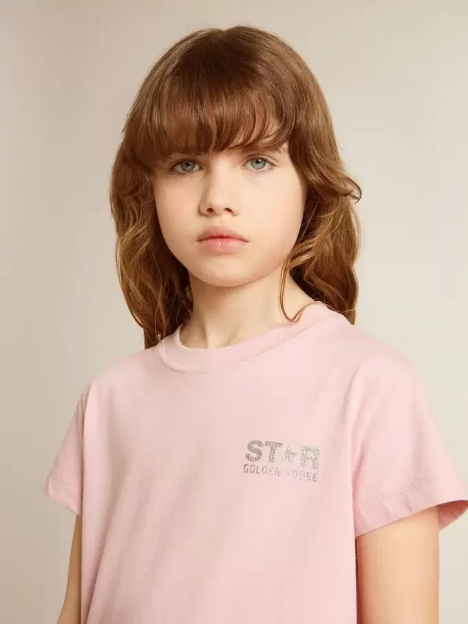 Rosa T-shirt för flickor med silverglitterlogotyp och maxistjärna