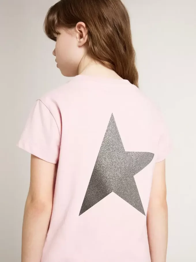 Rosa T-shirt för flickor med silverglitterlogotyp och maxistjärna
