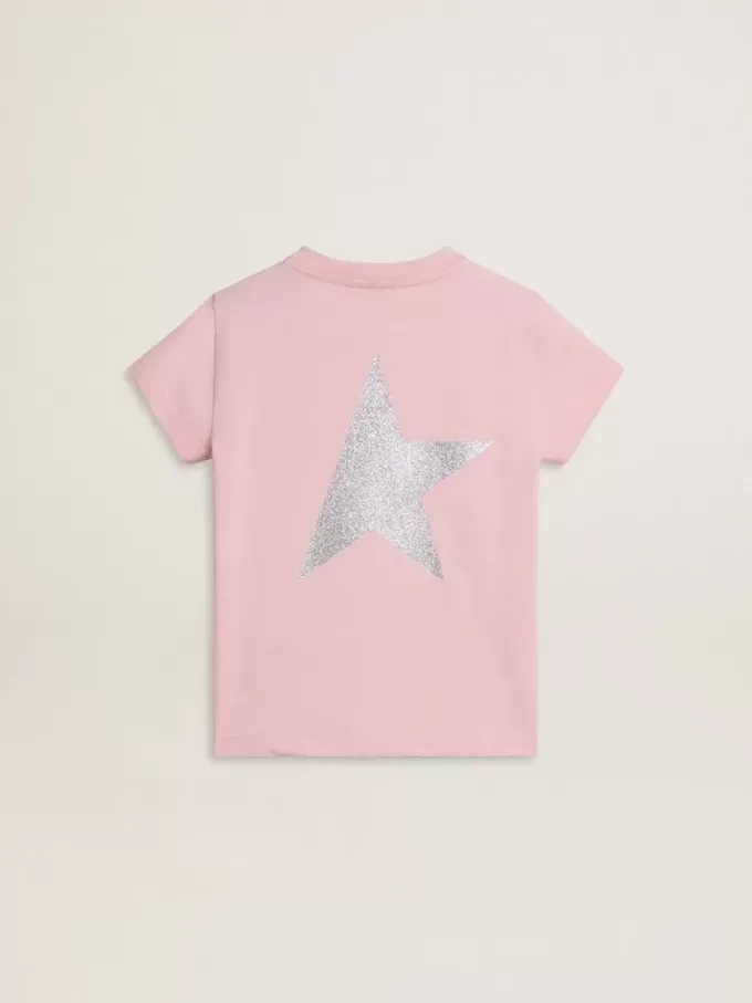 Rosa T-shirt för flickor med silverglitterlogotyp och maxistjärna