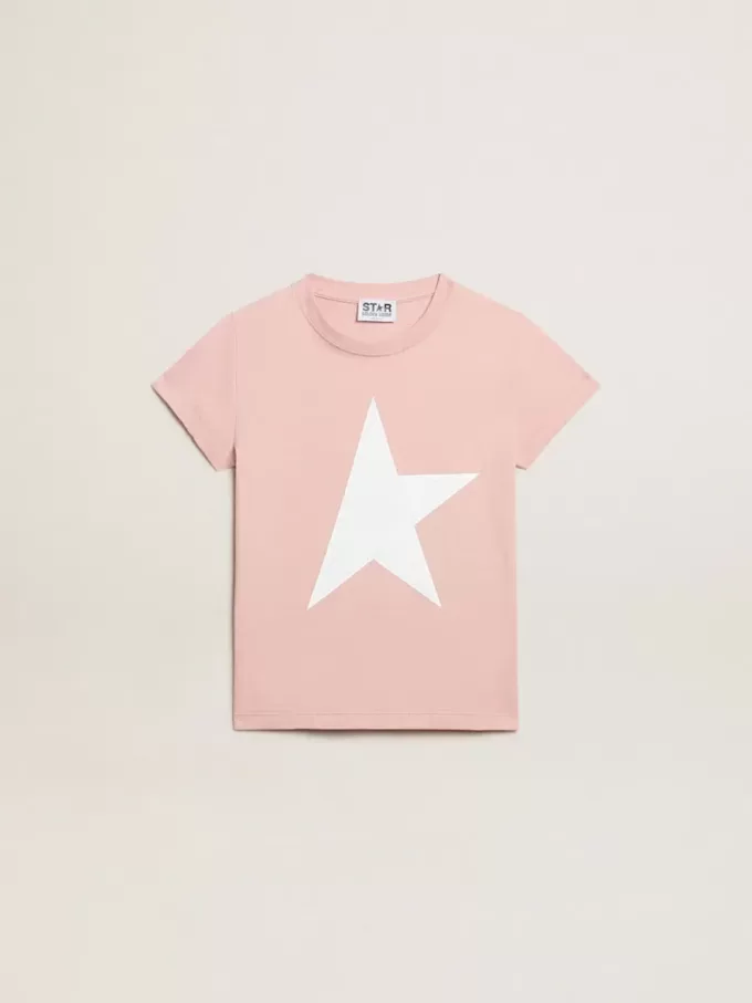 Rosa T-shirt för flickor med vit logotyp och stor stjärna